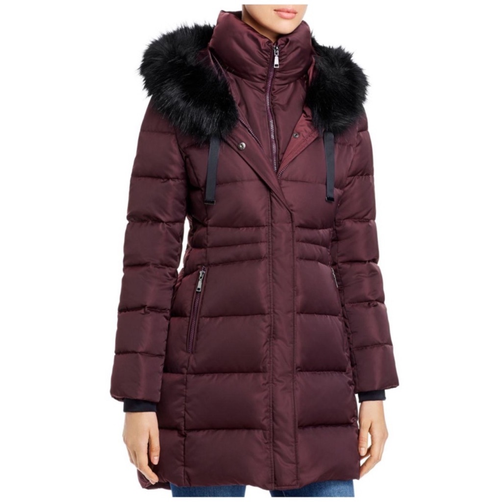 Tahari Hooded Faux Fur Trim Puffer Coat In Xs